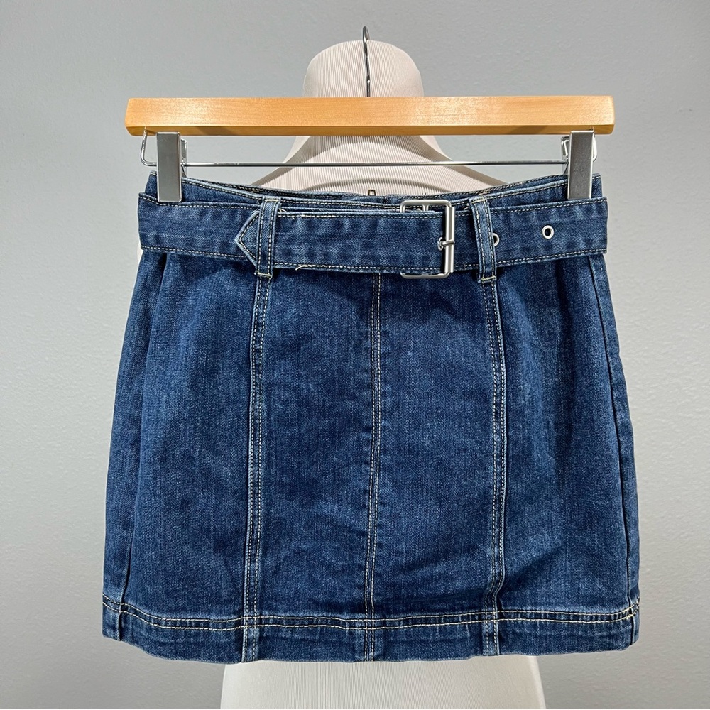PacSun Belted Denim Mini Skirt Womens 00 Blue Y2K Micro Stretch - Picture 2 of 9